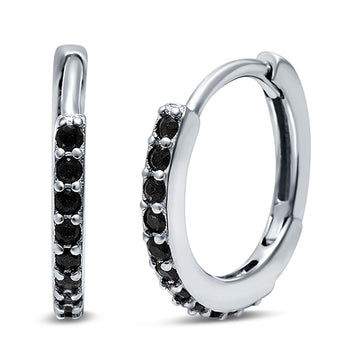 Half Eternity Hoop Earrings Round Simulated Black Onyx 925 Sterling Silver (16mm)
